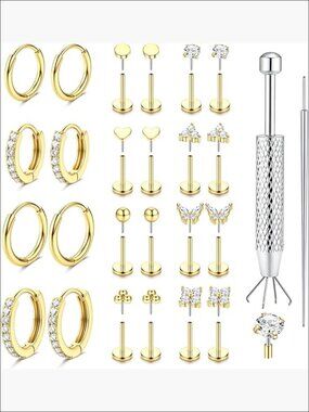 16G 18G 20G Threadless Flat Back Earrings Surgical Steel Stud Hoop Earring Set
